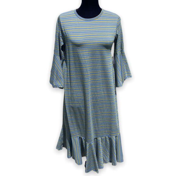 LuLaRoe Womens Dress Size M Maurine Green Blue Striped Swing Bell Sleeves NEW - Picture 2 of 5